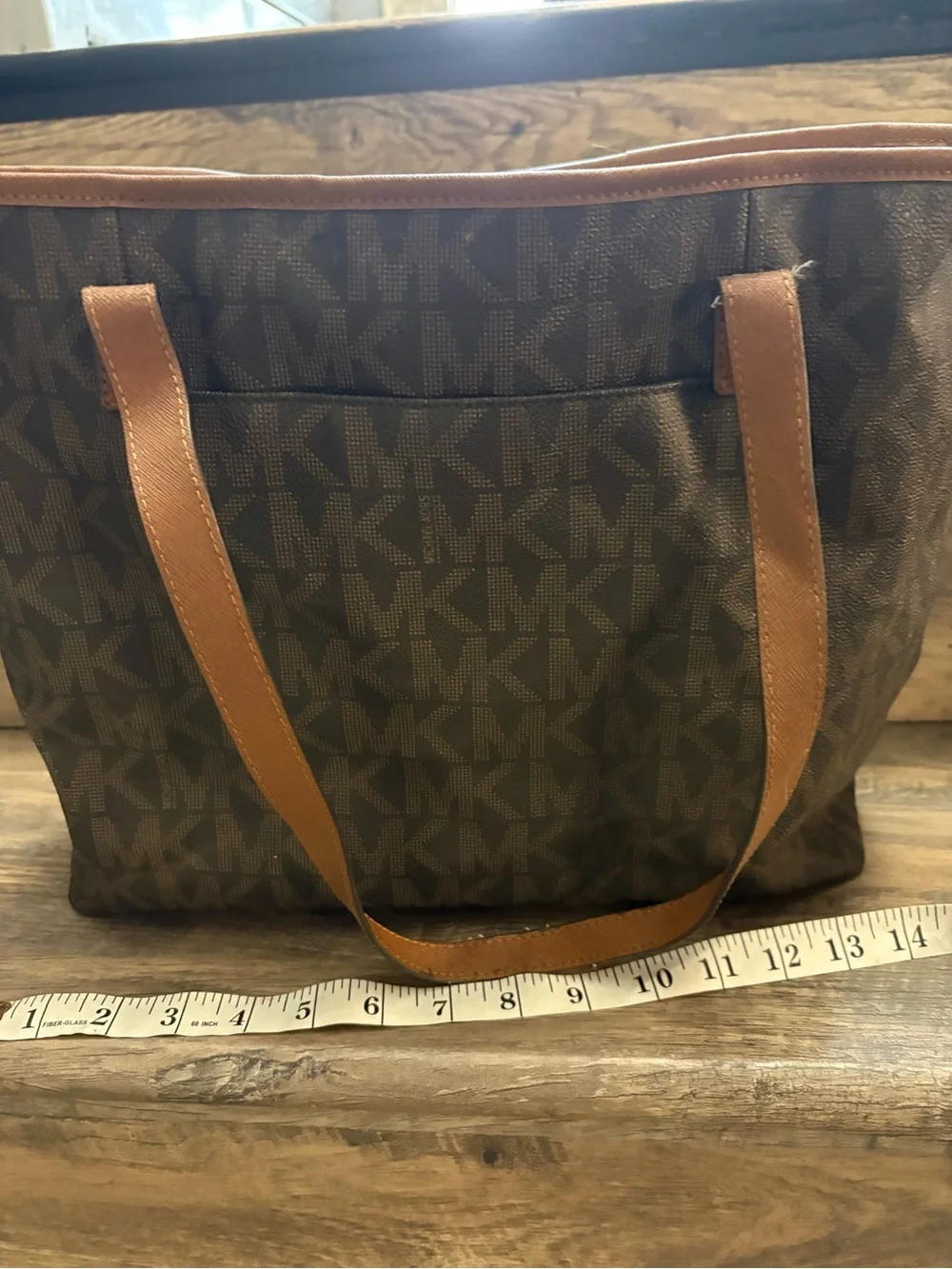 Michael Kors Brown Logo Tote with Tan Straps and Gold MK Emblem